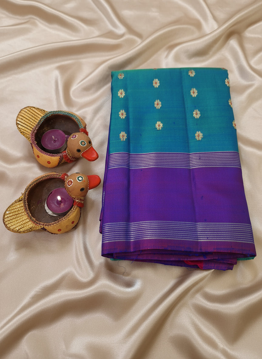 Pure Handloom Kanjeevaram Silk - Azure Blue & Purple 1000 Meenakari butas