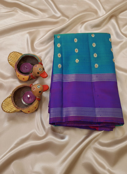 Pure Handloom Kanjeevaram Silk - Azure Blue & Purple 1000 Meenakari butas