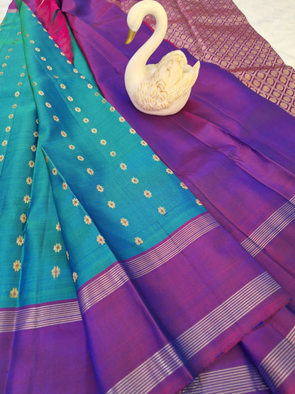 Pure Handloom Kanjeevaram Silk - Azure Blue & Purple 1000 Meenakari butas