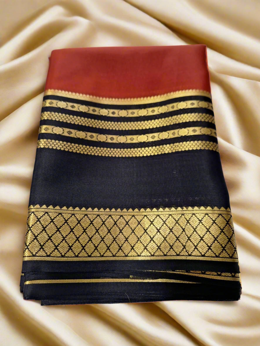 Pure Mysore Crepe Silk - Brick Red & Black Embellished Border