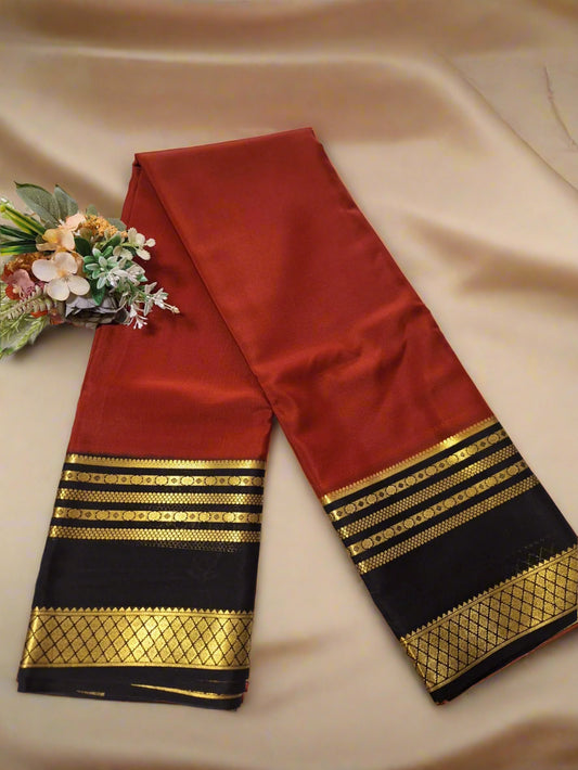 Pure Mysore Crepe Silk - Brick Red & Black Embellished Border