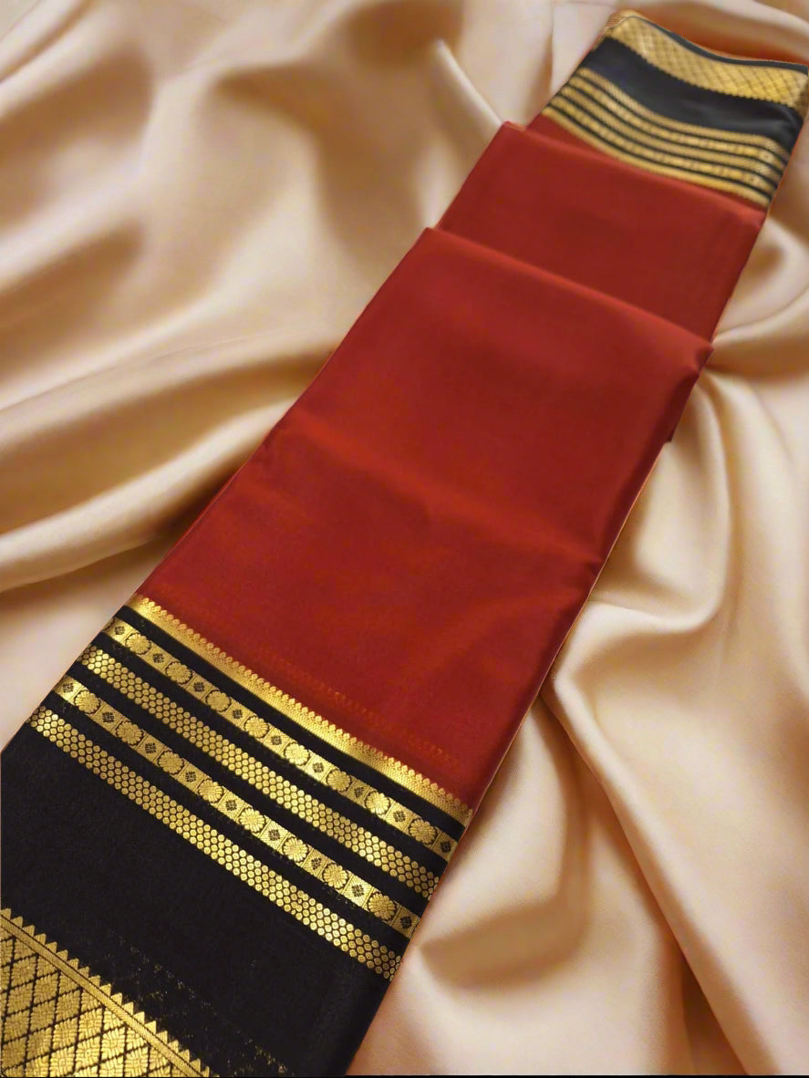 Pure Mysore Crepe Silk - Brick Red & Black Embellished Border