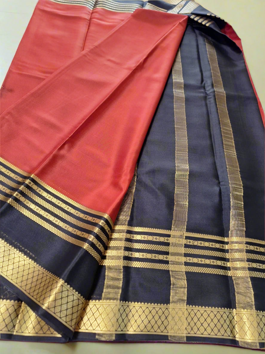 Pure Mysore Crepe Silk - Brick Red & Black Embellished Border