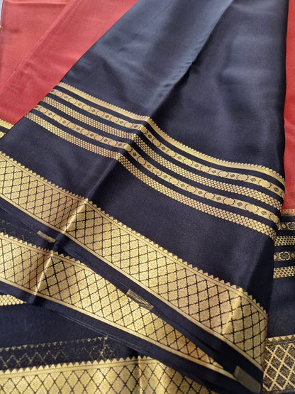 Pure Mysore Crepe Silk - Brick Red & Black Embellished Border
