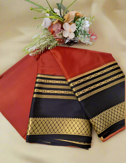 Pure Mysore Crepe Silk - Brick Red & Black Embellished Border
