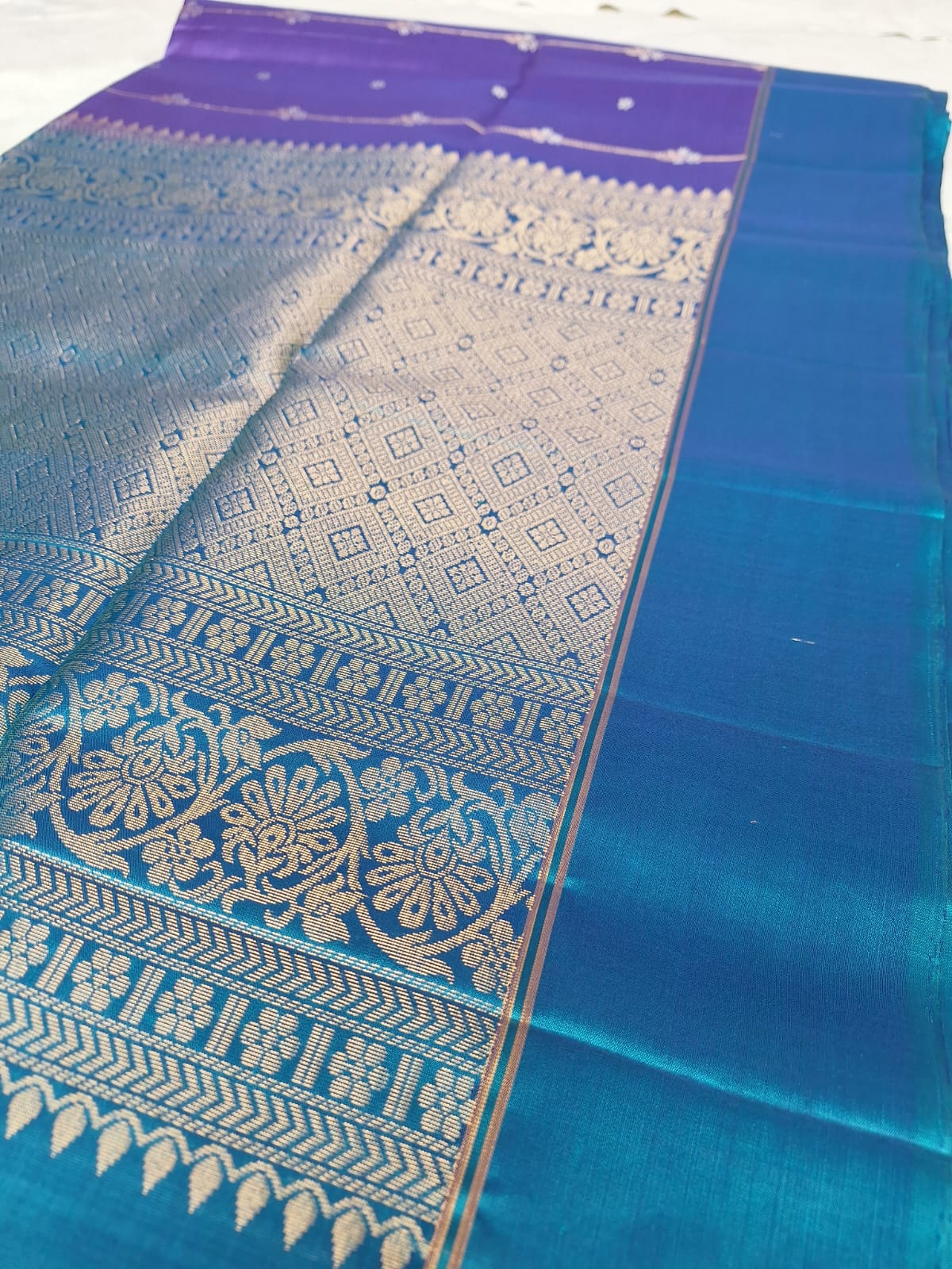 Pure Handloom Soft Silk - Brinjal purple and blue vertical design