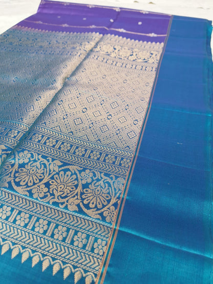 Pure Handloom Soft Silk - Brinjal purple and blue vertical design
