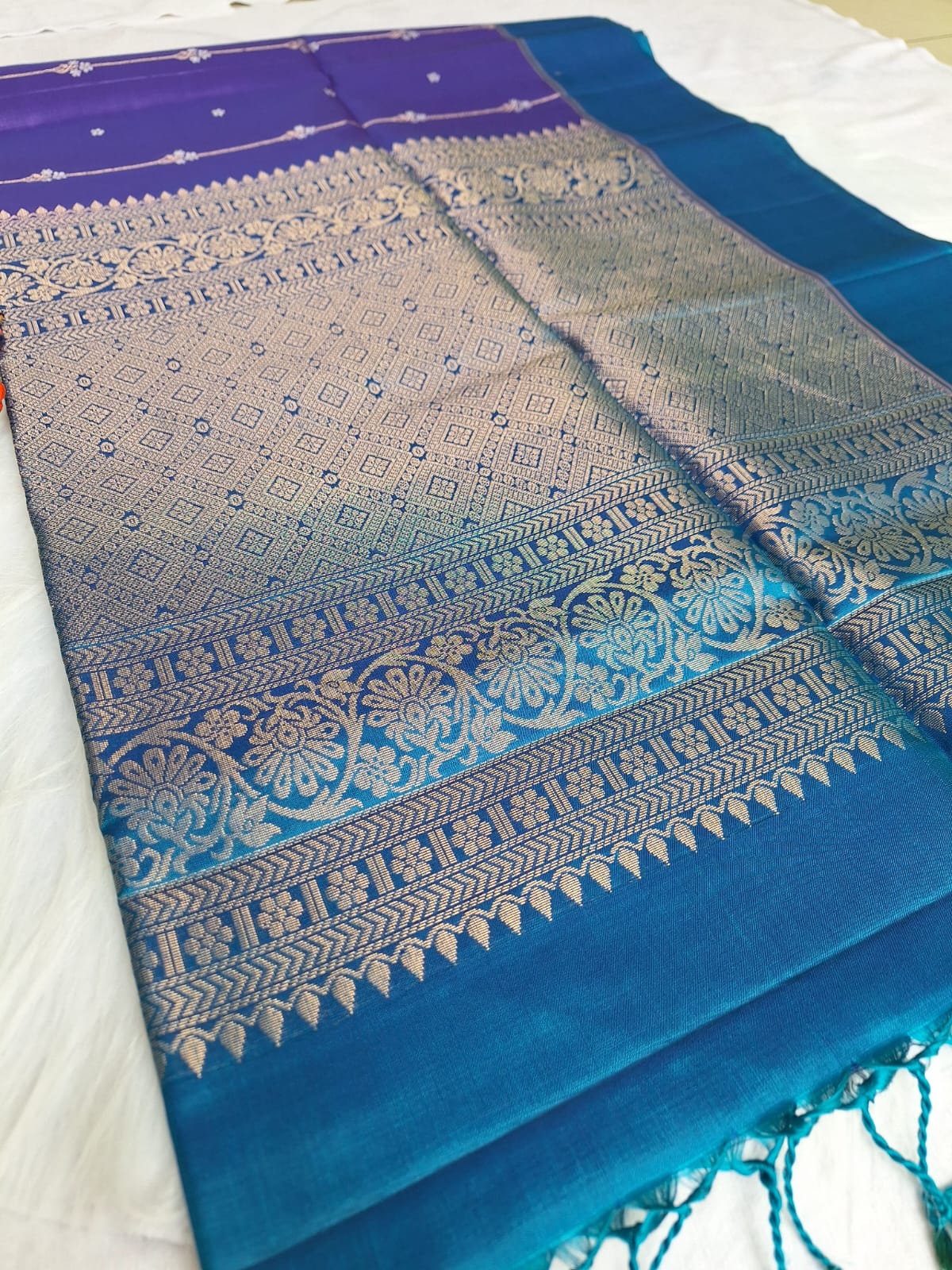 Pure Handloom Soft Silk - Brinjal purple and blue vertical design