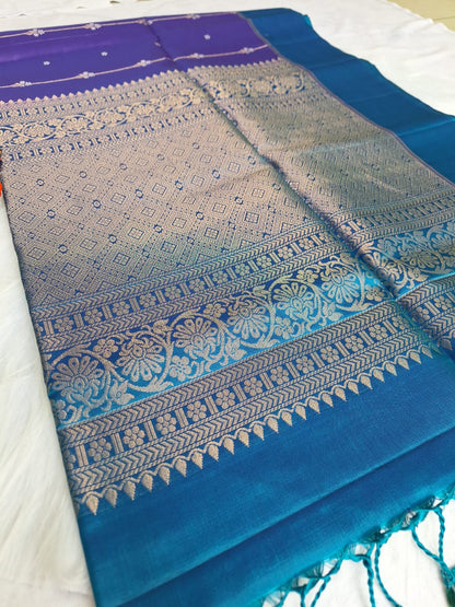 Pure Handloom Soft Silk - Brinjal purple and blue vertical design