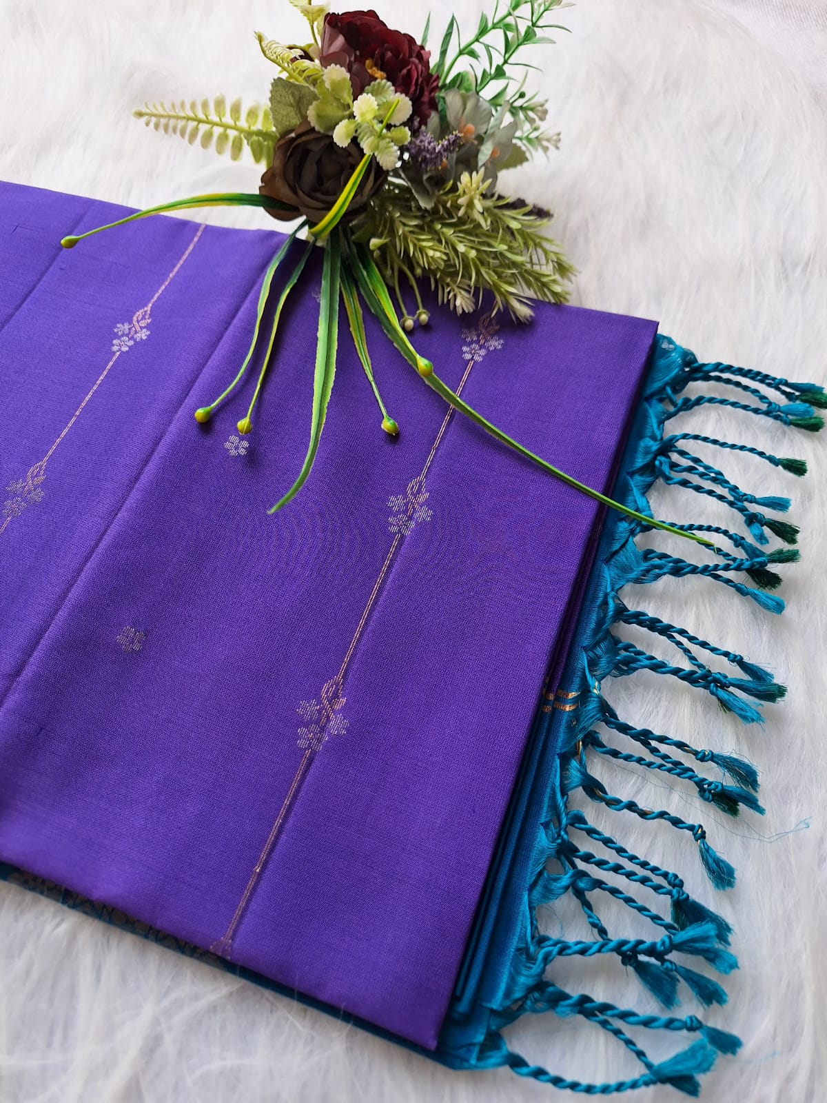 Pure Handloom Soft Silk - Brinjal purple and blue vertical design