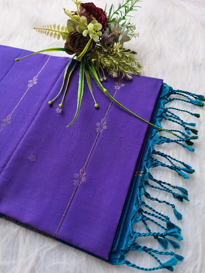 Pure Handloom Soft Silk - Brinjal purple and blue vertical design