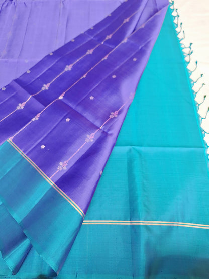 Pure Handloom Soft Silk - Brinjal purple and blue vertical design