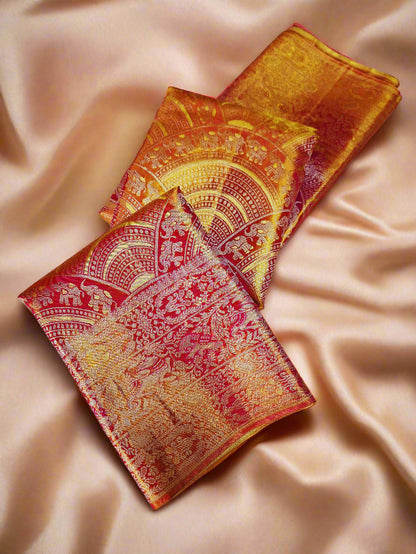 Pure Silk Kanjeevaram-Dual Tone Rust Gold Meenakari 1.5g Kanchi Tissue