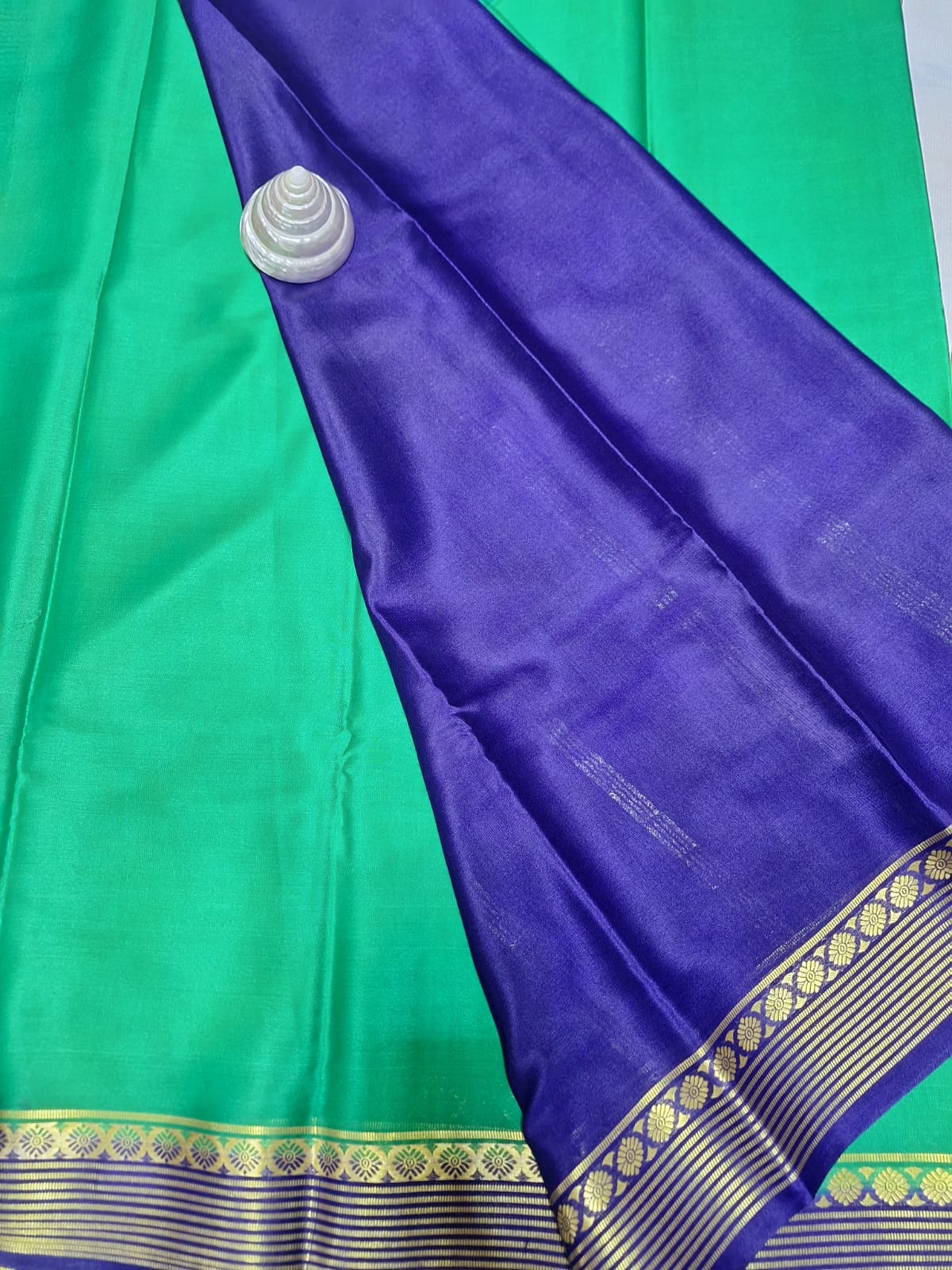 Pure Mysore Crepe Silk-Green & Purple Floral Border