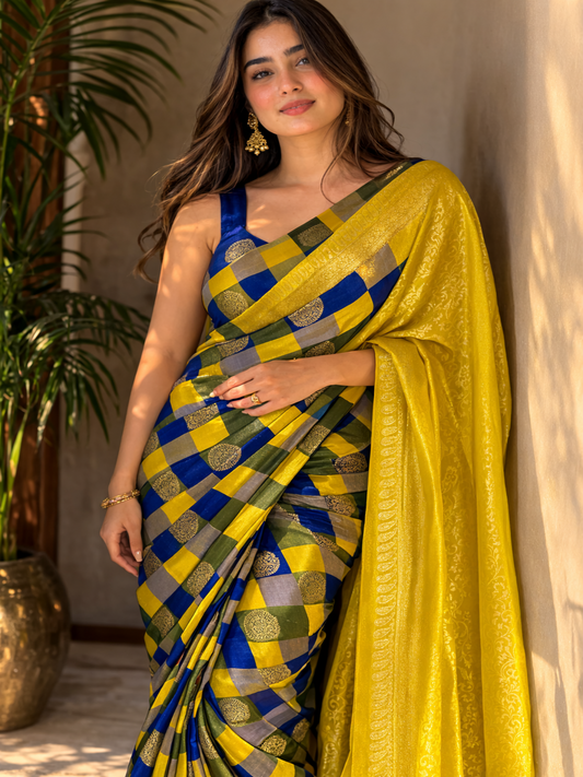 Pure Handloom Soft Silk - Yellow & Royal Blue Melody