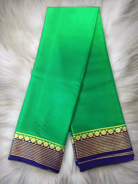 Pure Mysore Crepe Silk-Green & Purple Floral Border
