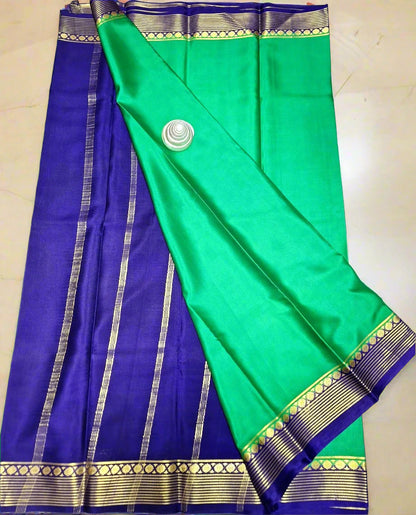 Pure Mysore Crepe Silk-Green & Purple Floral Border