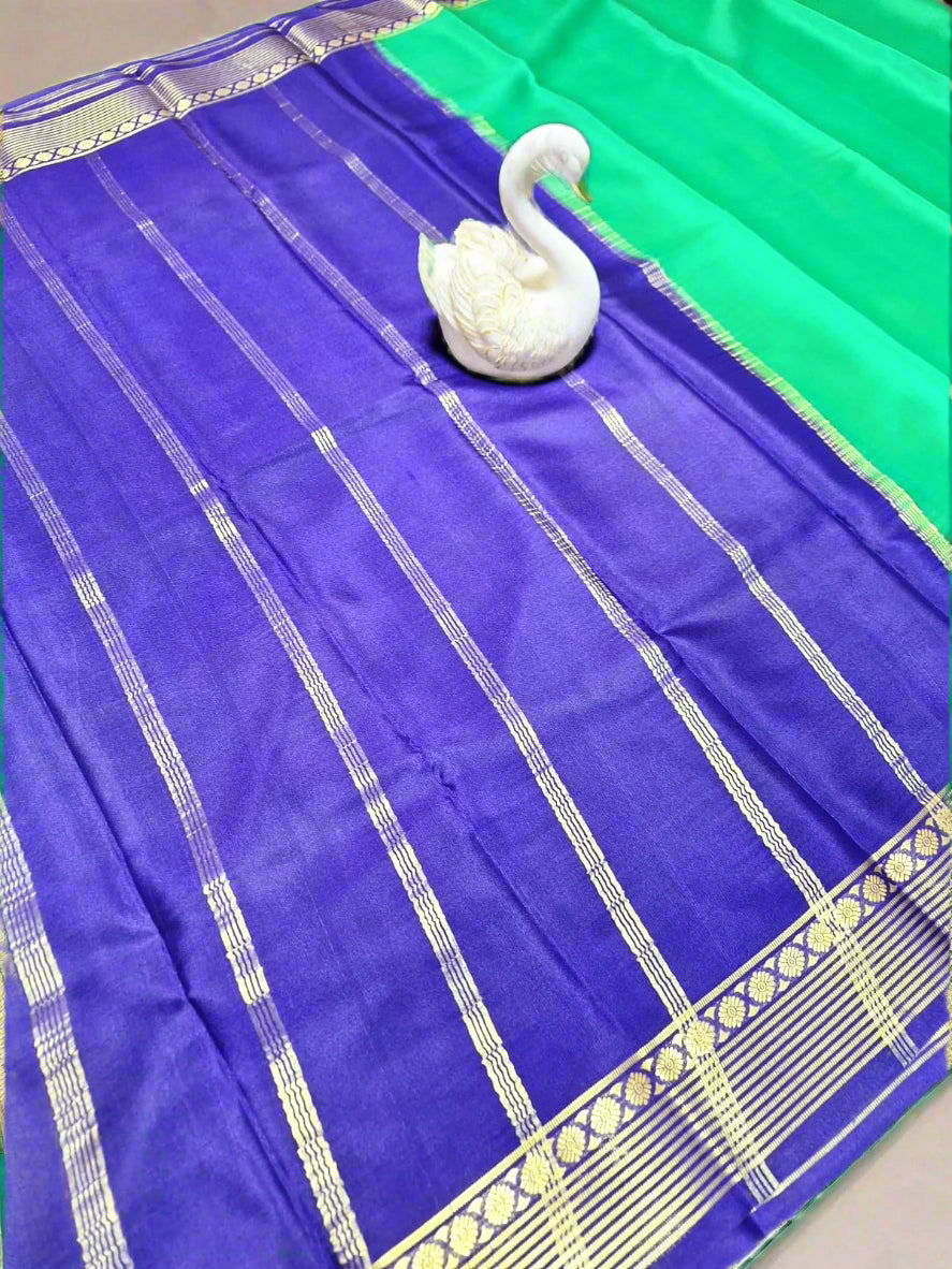 Pure Mysore Crepe Silk-Green & Purple Floral Border