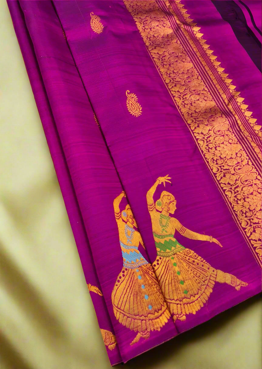Pure Handloom Kanjeevaram Silk - Majenta Pink Dancing Doll with big designer butas