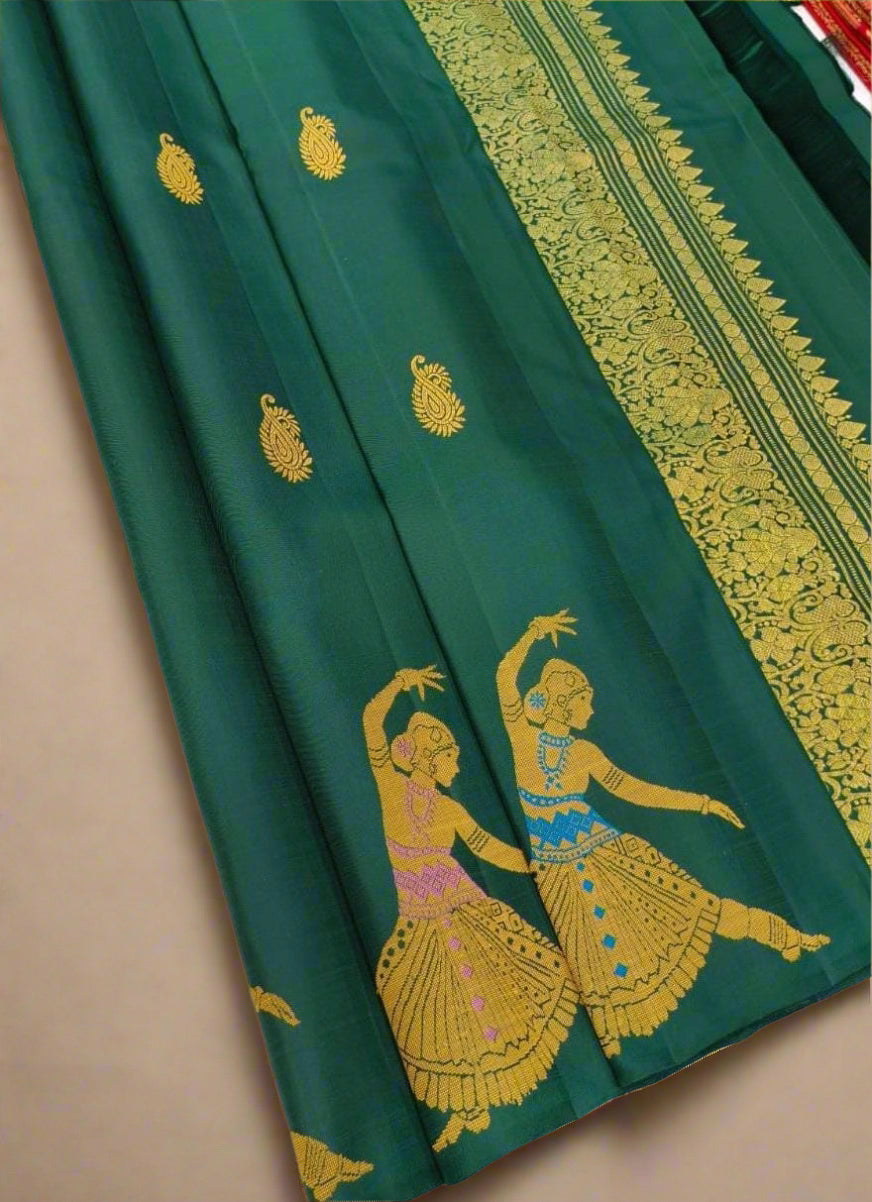 Pure Handloom Kanjeevaram Silk - Bottle Green Dancing doll with big designer bootas