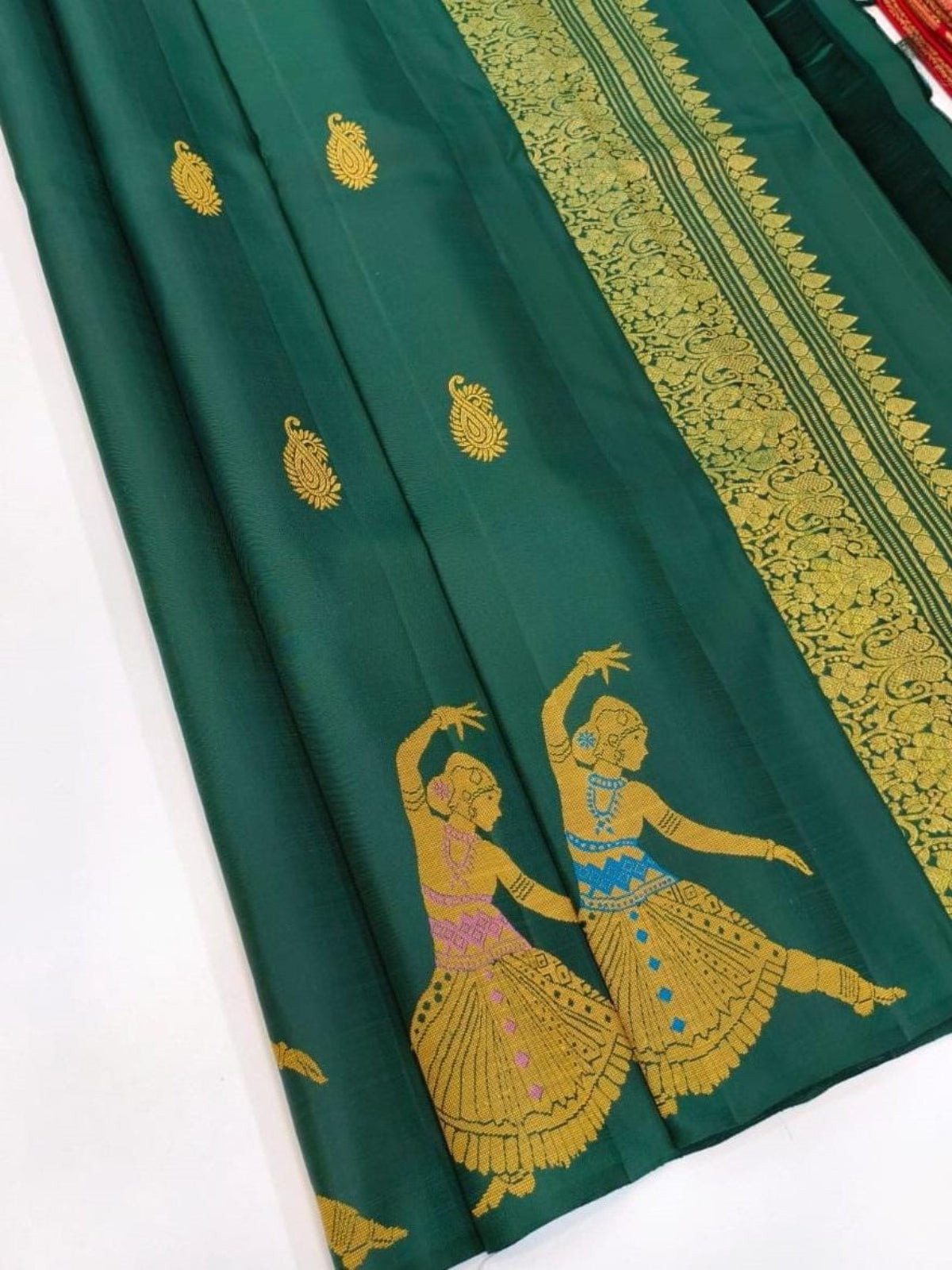 Pure Handloom Kanjeevaram Silk - Bottle Green Dancing doll with big designer bootas