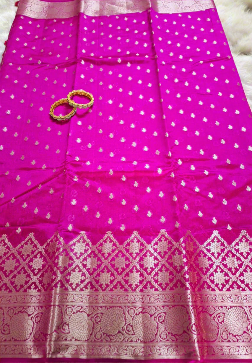 Pure Handloom Banarasi Silk - Fuchsia Pink in light Gold Zari work