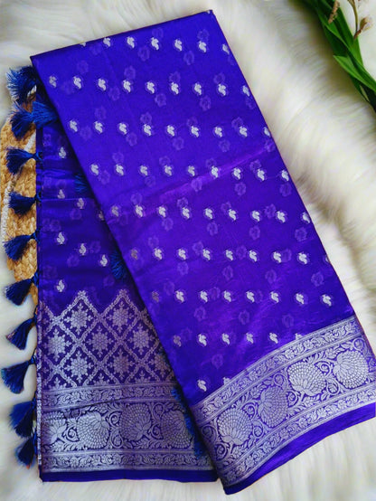 Pure Handloom Banarasi Silk - Royal blue in light Gold Zari work