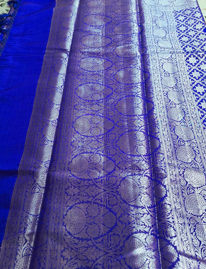 Pure Handloom Banarasi Silk - Royal blue in light Gold Zari work
