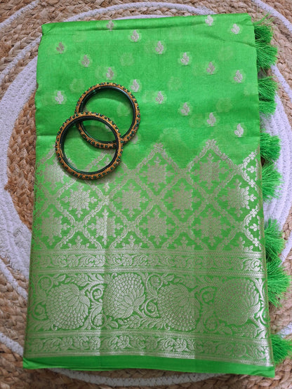Pure Handloom Banarasi Silk - Parrot Green in light Gold Zari work