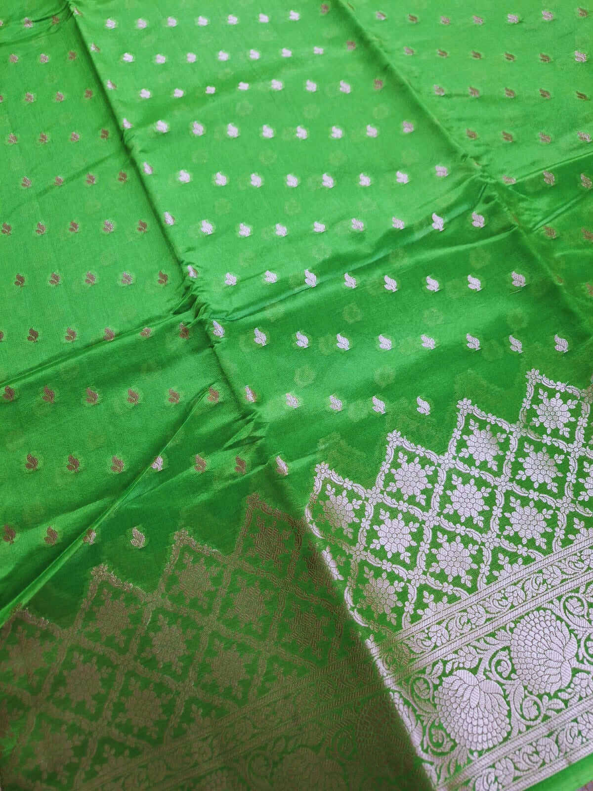 Pure Handloom Banarasi Silk - Parrot Green in light Gold Zari work