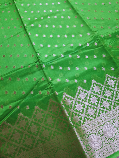 Pure Handloom Banarasi Silk - Parrot Green in light Gold Zari work