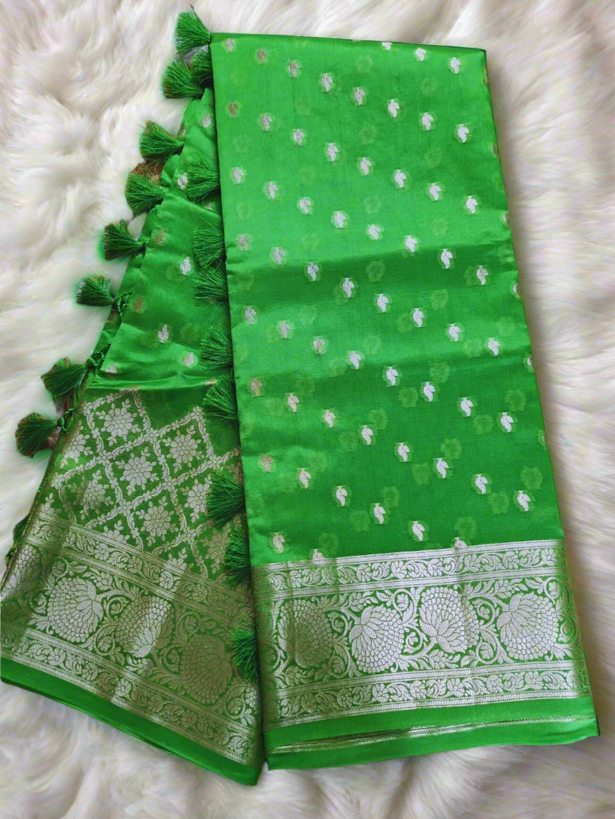 Pure Handloom Banarasi Silk - Parrot Green in light Gold Zari work
