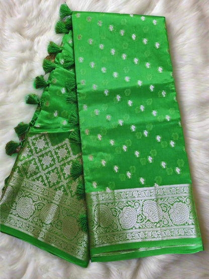 Pure Handloom Banarasi Silk - Parrot Green in light Gold Zari work