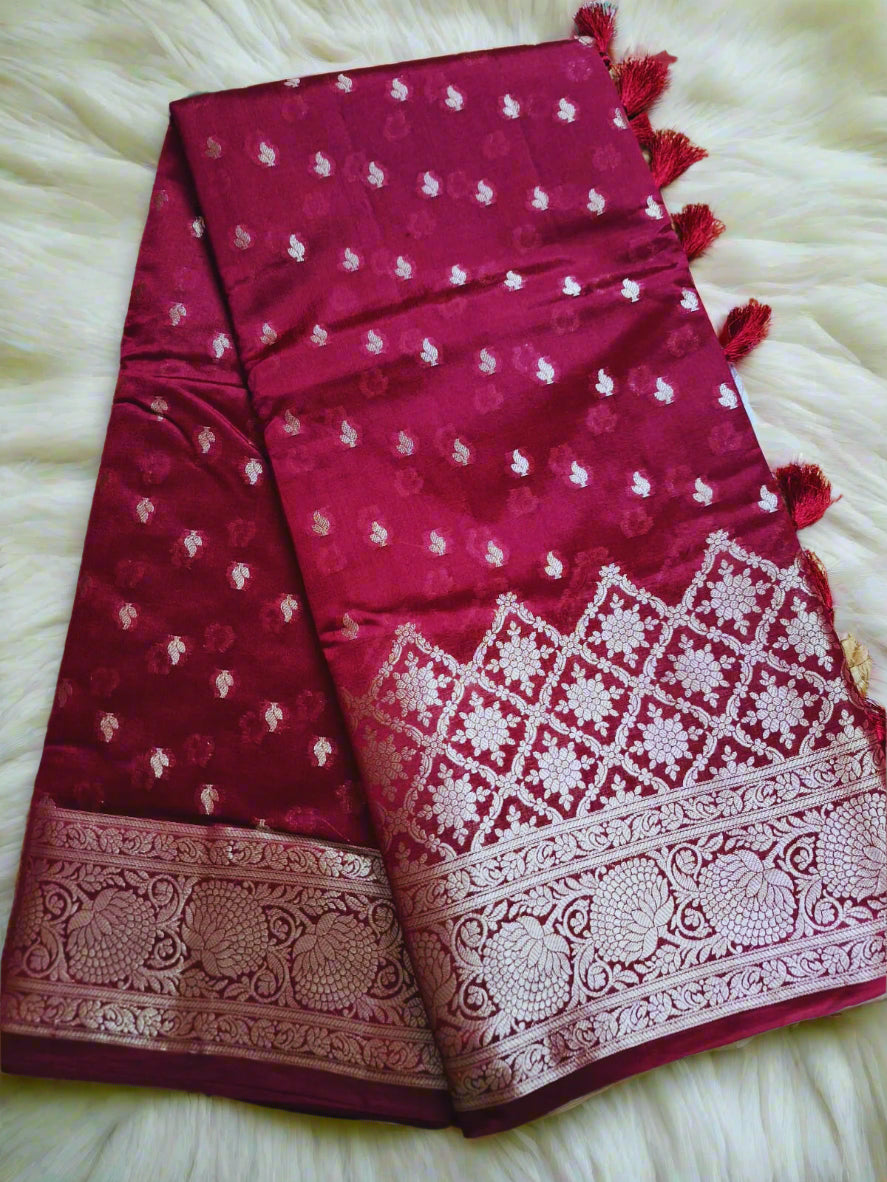 Pure Handloom Banarasi Silk - Maroon light in light Gold Zari work