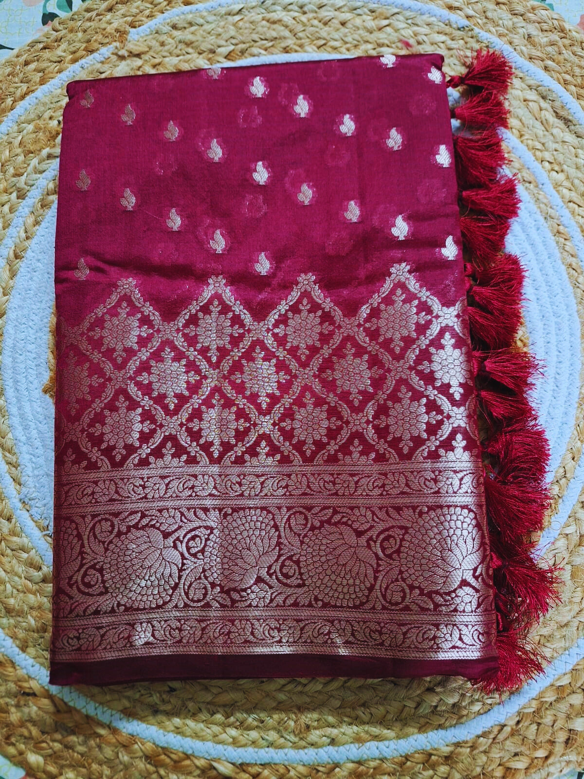 Pure Handloom Banarasi Silk - Maroon light in light Gold Zari work