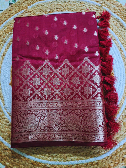 Pure Handloom Banarasi Silk - Maroon light in light Gold Zari work