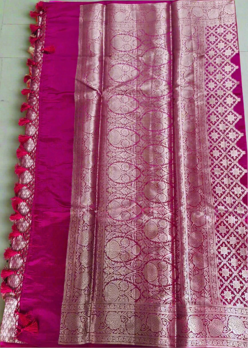Pure Handloom Banarasi Silk - Fuchsia Pink in light Gold Zari work
