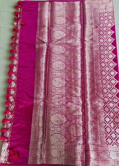 Pure Handloom Banarasi Silk - Fuchsia Pink in light Gold Zari work