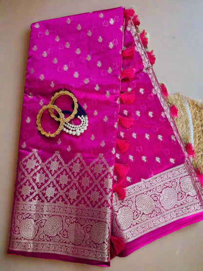 Pure Handloom Banarasi Silk - Fuchsia Pink in light Gold Zari work