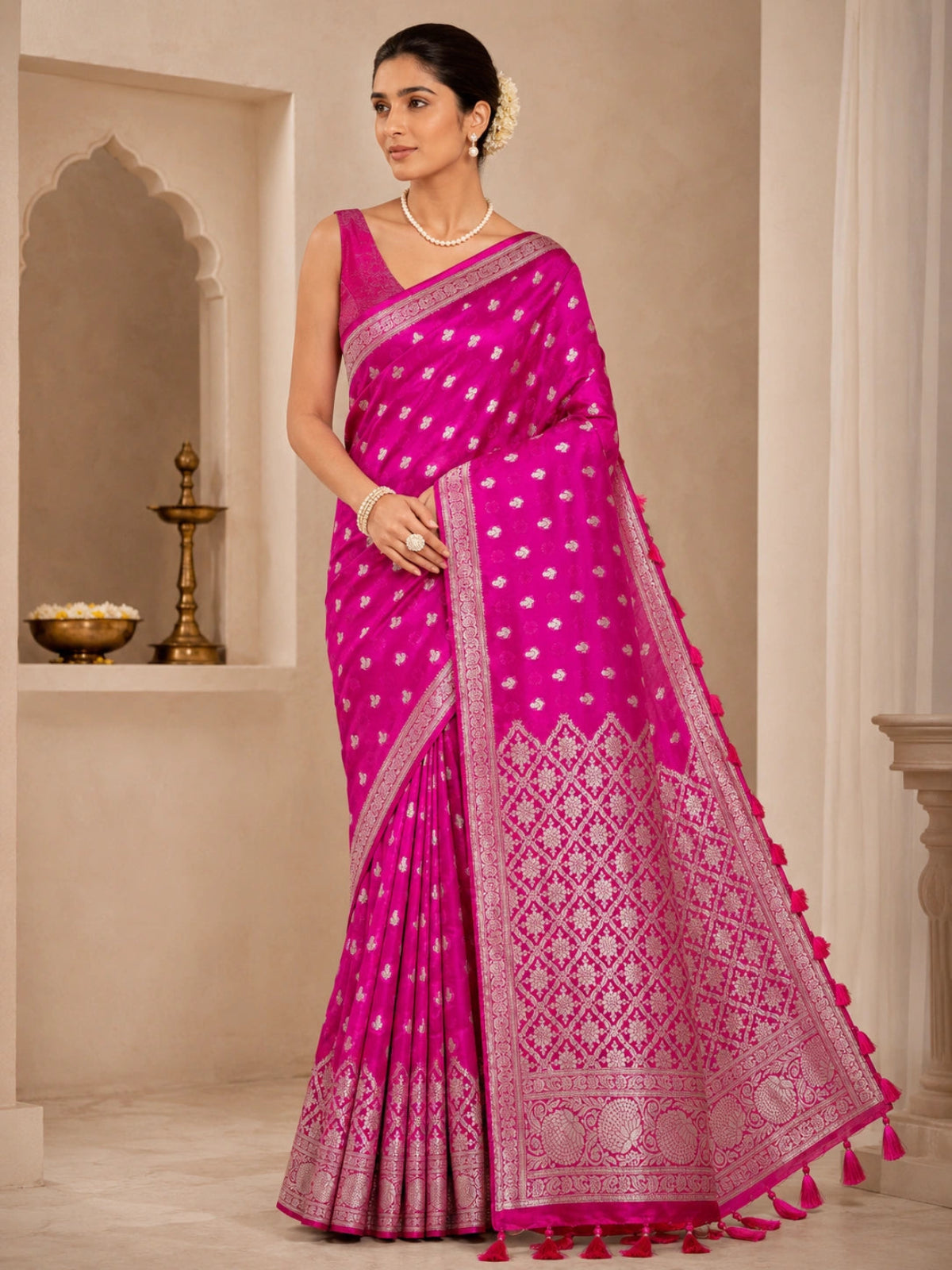 Pure Handloom Banarasi Silk - Fuchsia Pink in Silver Gold Zari
