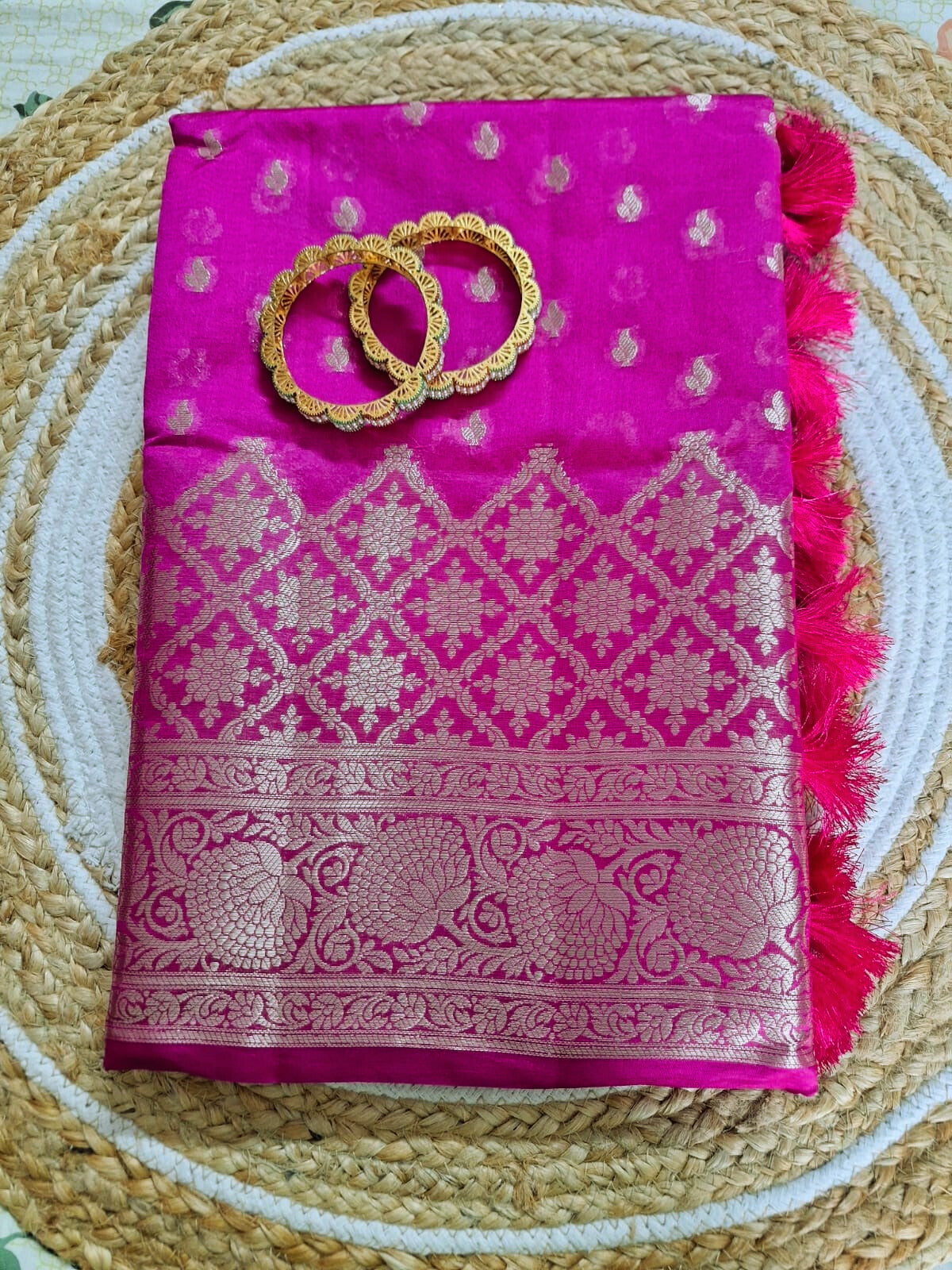Pure Handloom Banarasi Silk - Fuchsia Pink in light Gold Zari work