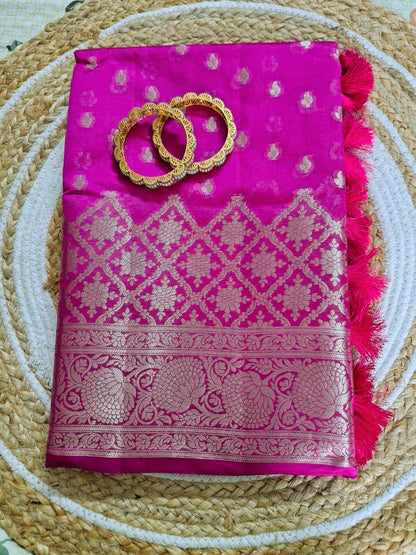 Pure Handloom Banarasi Silk - Fuchsia Pink in light Gold Zari work