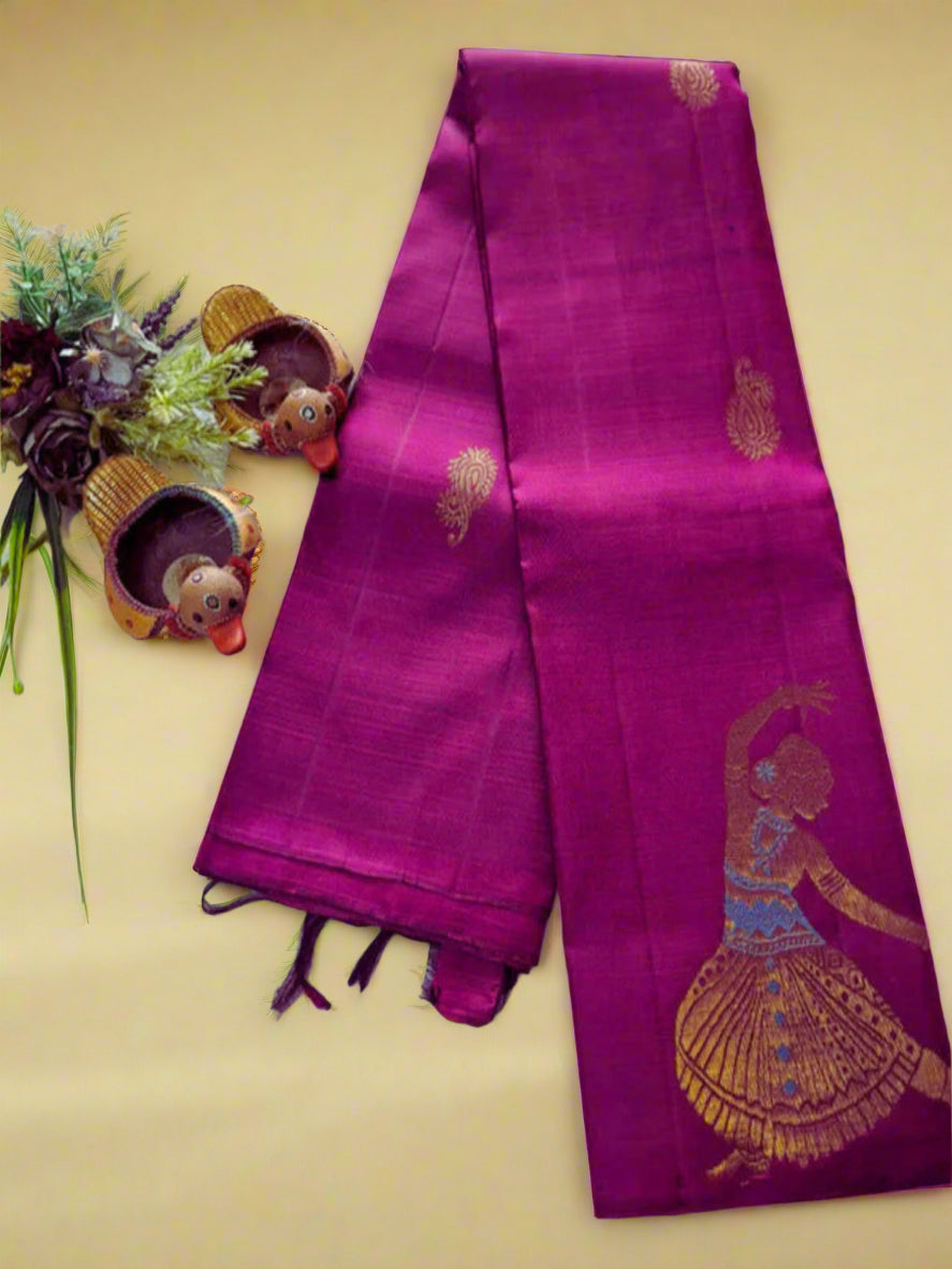 Pure Handloom Kanjeevaram Silk - Majenta Pink Dancing Doll with big designer butas