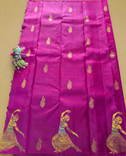 Pure Handloom Kanjeevaram Silk - Majenta Pink Dancing Doll with big designer butas
