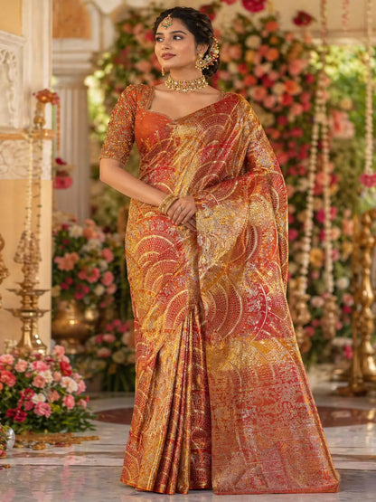 Pure Silk Kanjeevaram-Dual Tone Rust Gold Meenakari 1.5g Kanchi Tissue