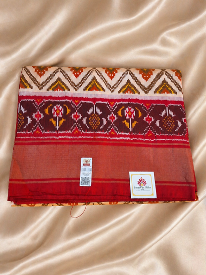 Pure Handloom Pochampally Ikat - Geometric Pattern Ivory-Red-Maroon