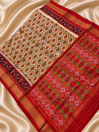 Pure Handloom Pochampally Ikat - Geometric Pattern Ivory-Red-Maroon