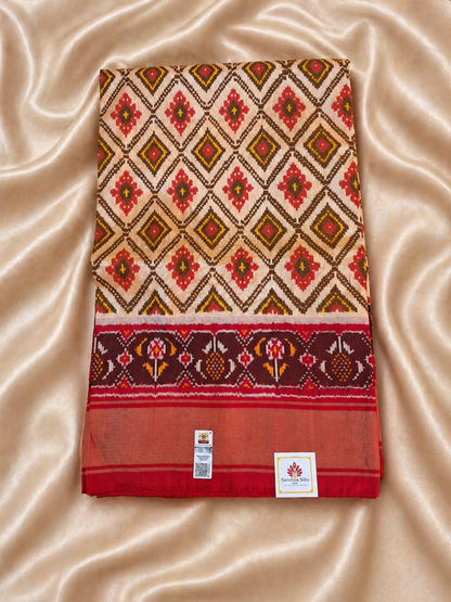 Pure Handloom Pochampally Ikat - Geometric Pattern Ivory-Red-Maroon