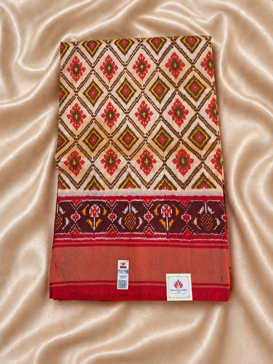 Pure Handloom Pochampally Ikat - Geometric Pattern Ivory-Red-Maroon