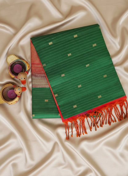 Pure Handloom Soft Silk - Green Orange Ikat theme border